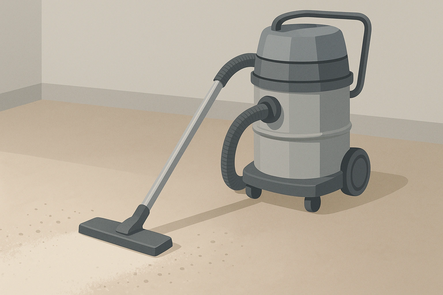 Aspirateur industriel aspirant poussière et gravats fins sur sol de chantier.