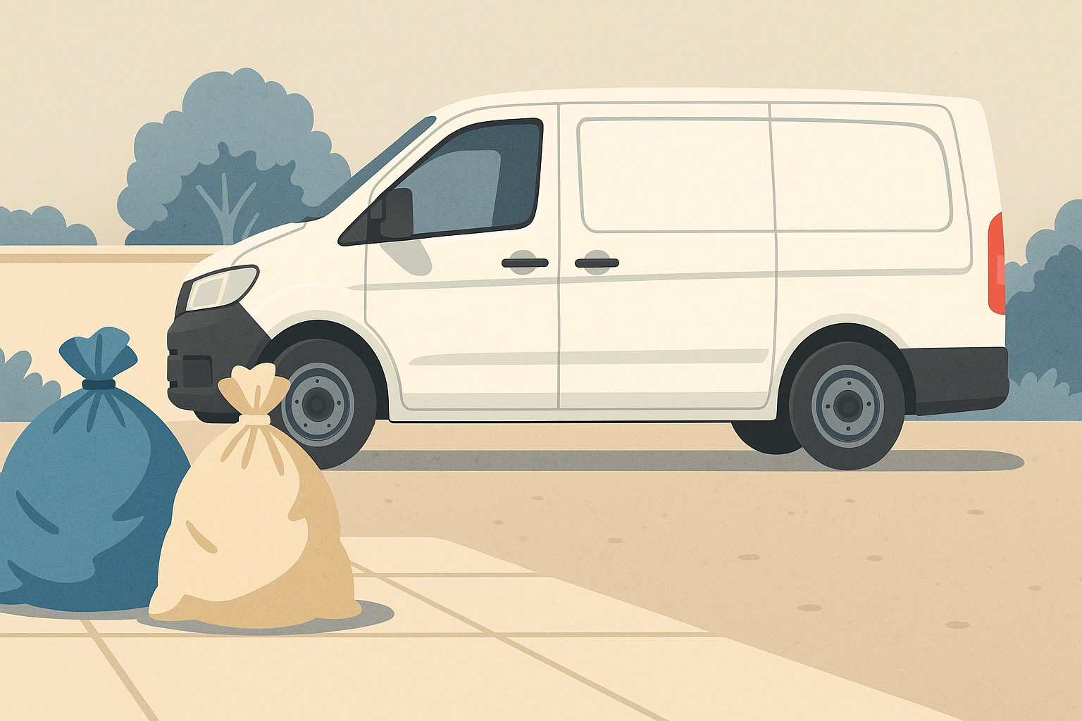 Sacs de déchets légers triés et posés à côté d’un utilitaire blanc propre.