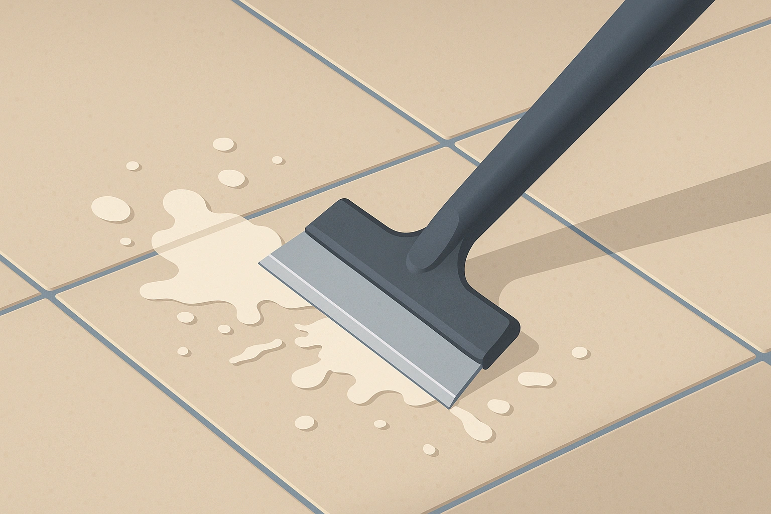 Grattoir retirant des traces de peinture séchée sur un sol en carrelage.