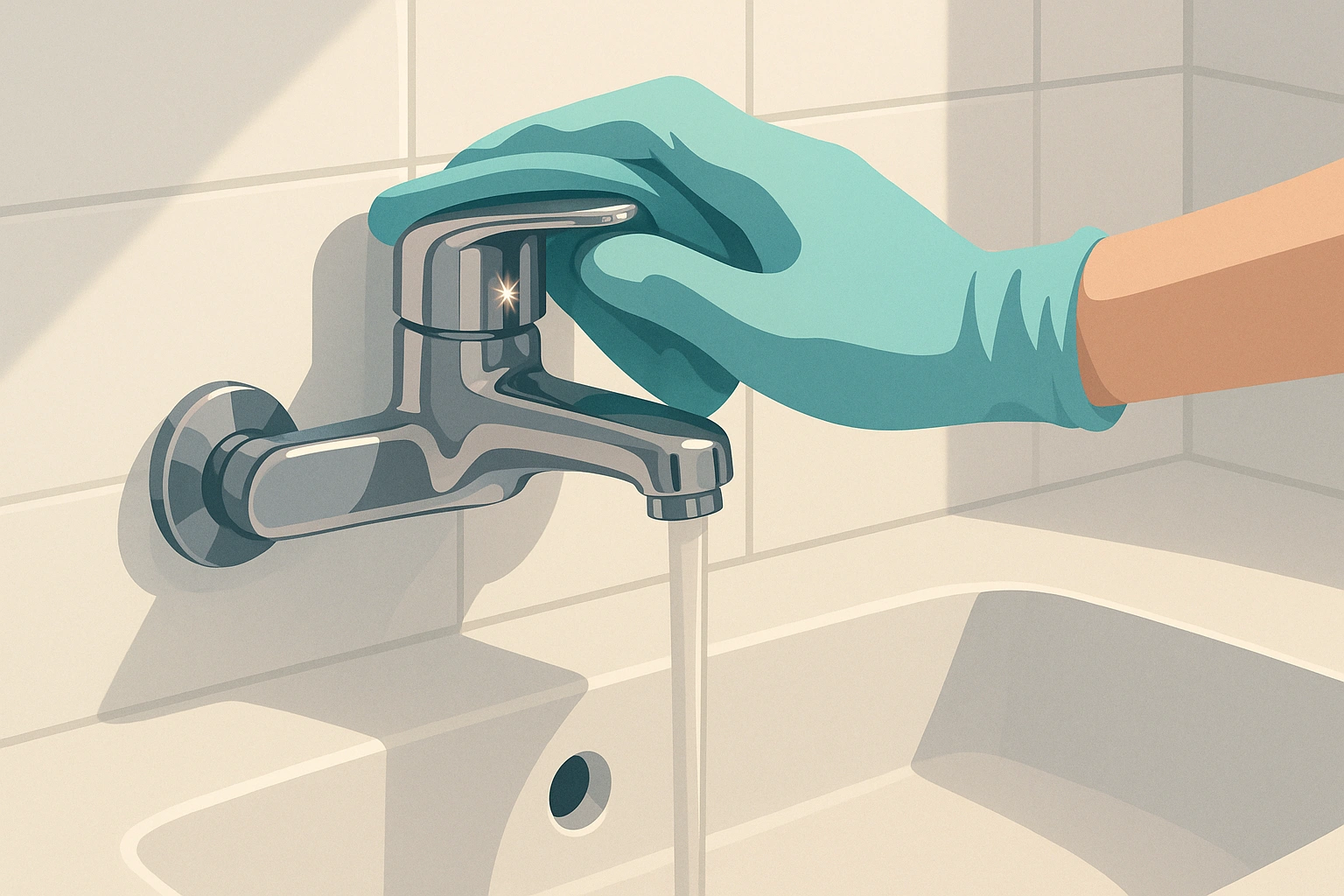 Main gantée nettoyant un robinet chromé dans une salle de bain rénovée.