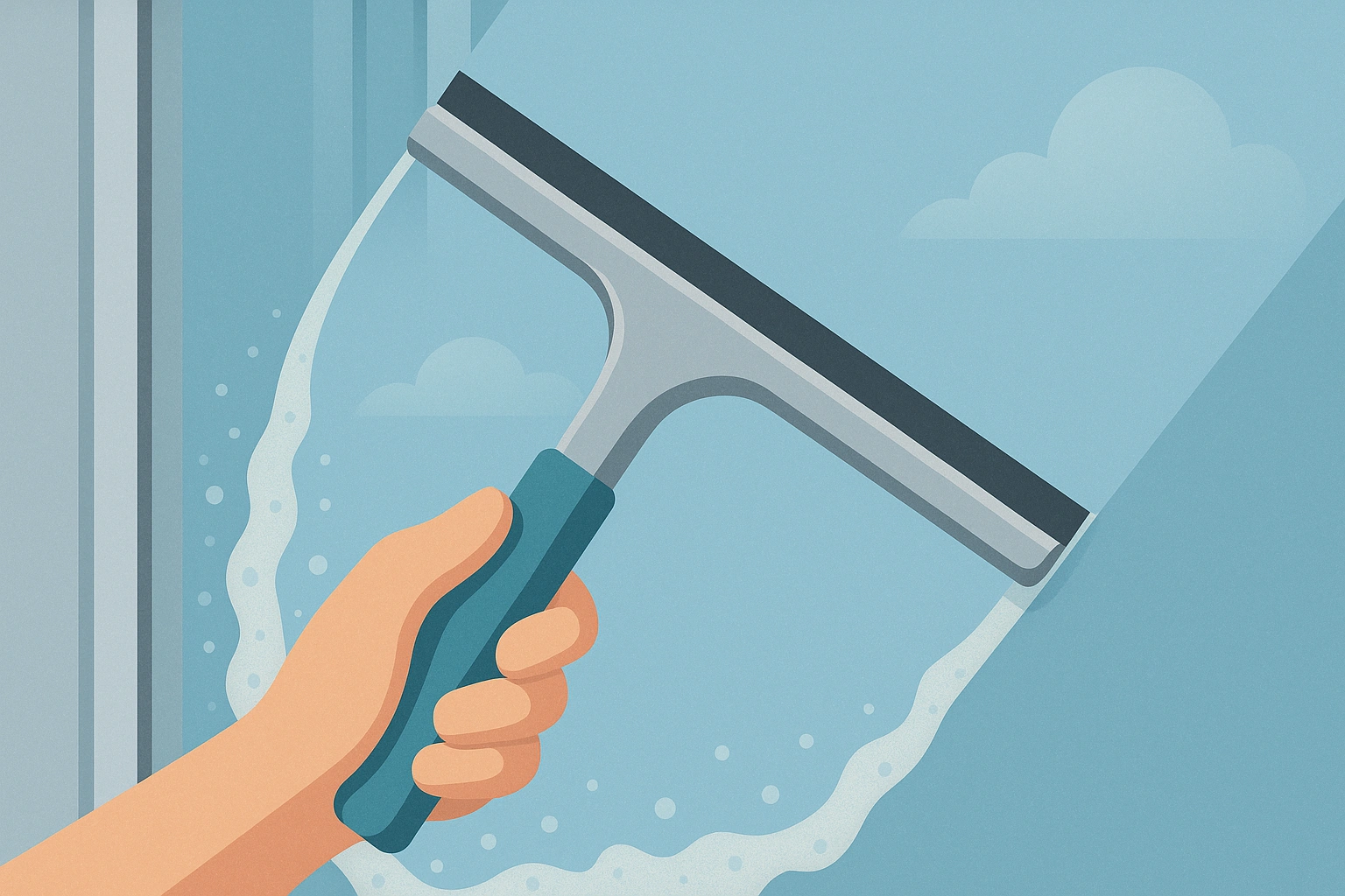 Raclette de nettoyage glissant sur une vitre laissant une surface claire et sans traces.