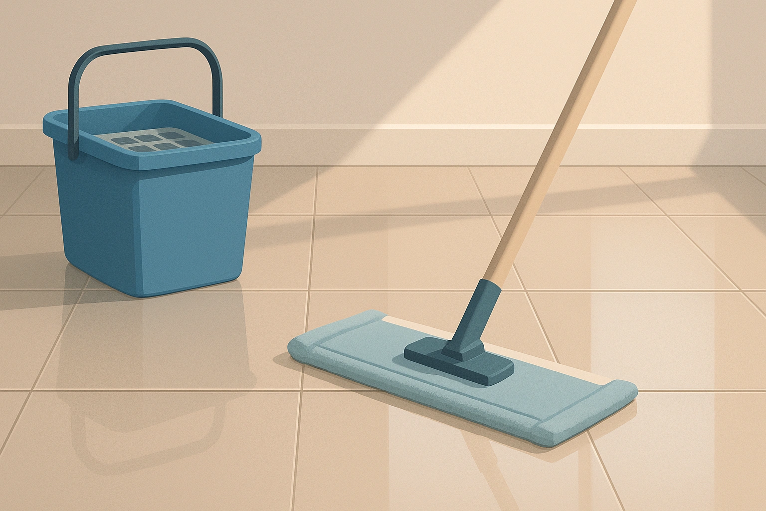 Serpillère microfibre nettoyant un sol carrelé brillant.