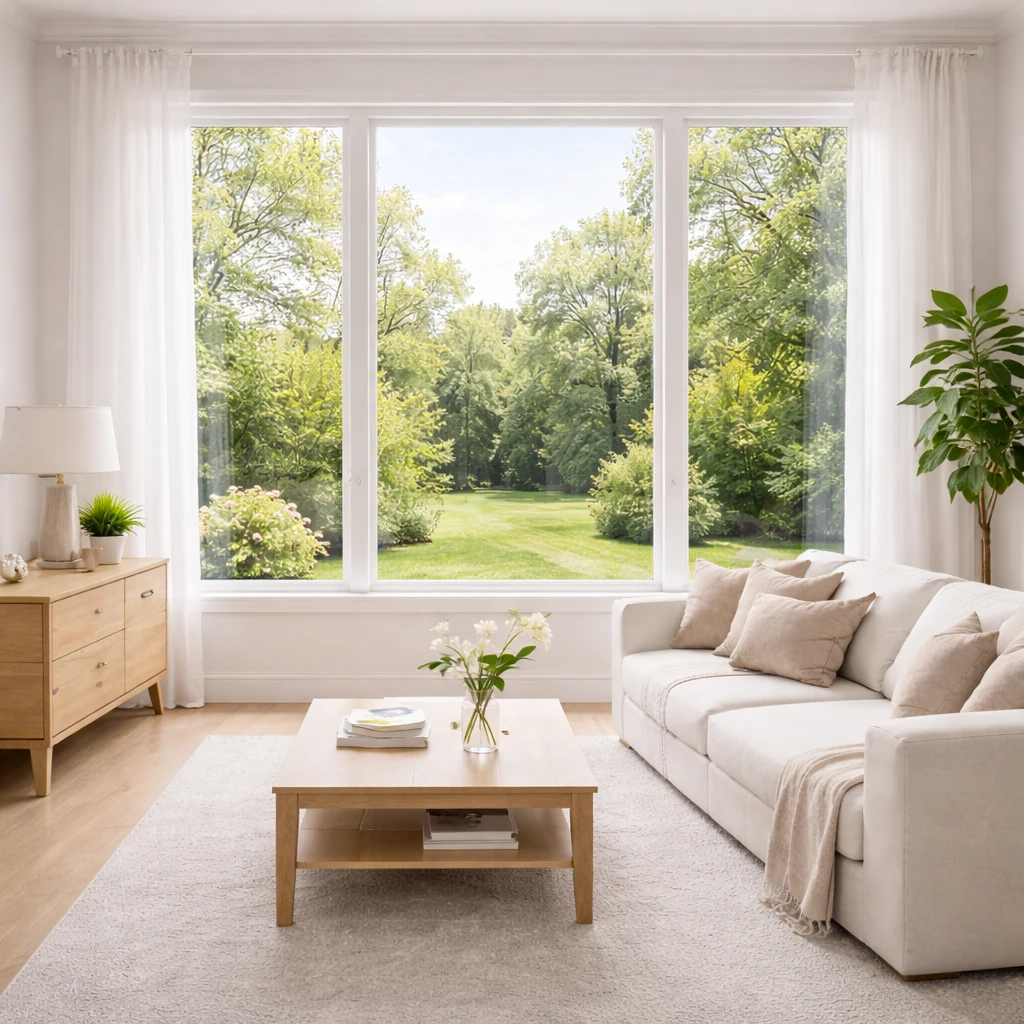 Grande baie vitrée avec vitres parfaitement propres laissant entrer une lumière naturelle dans un intérieur moderne.