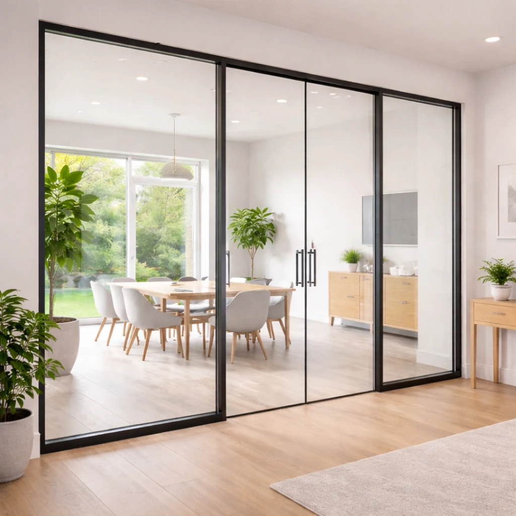 Cloison vitrée intérieure parfaitement propre et transparente dans un espace moderne et lumineux.