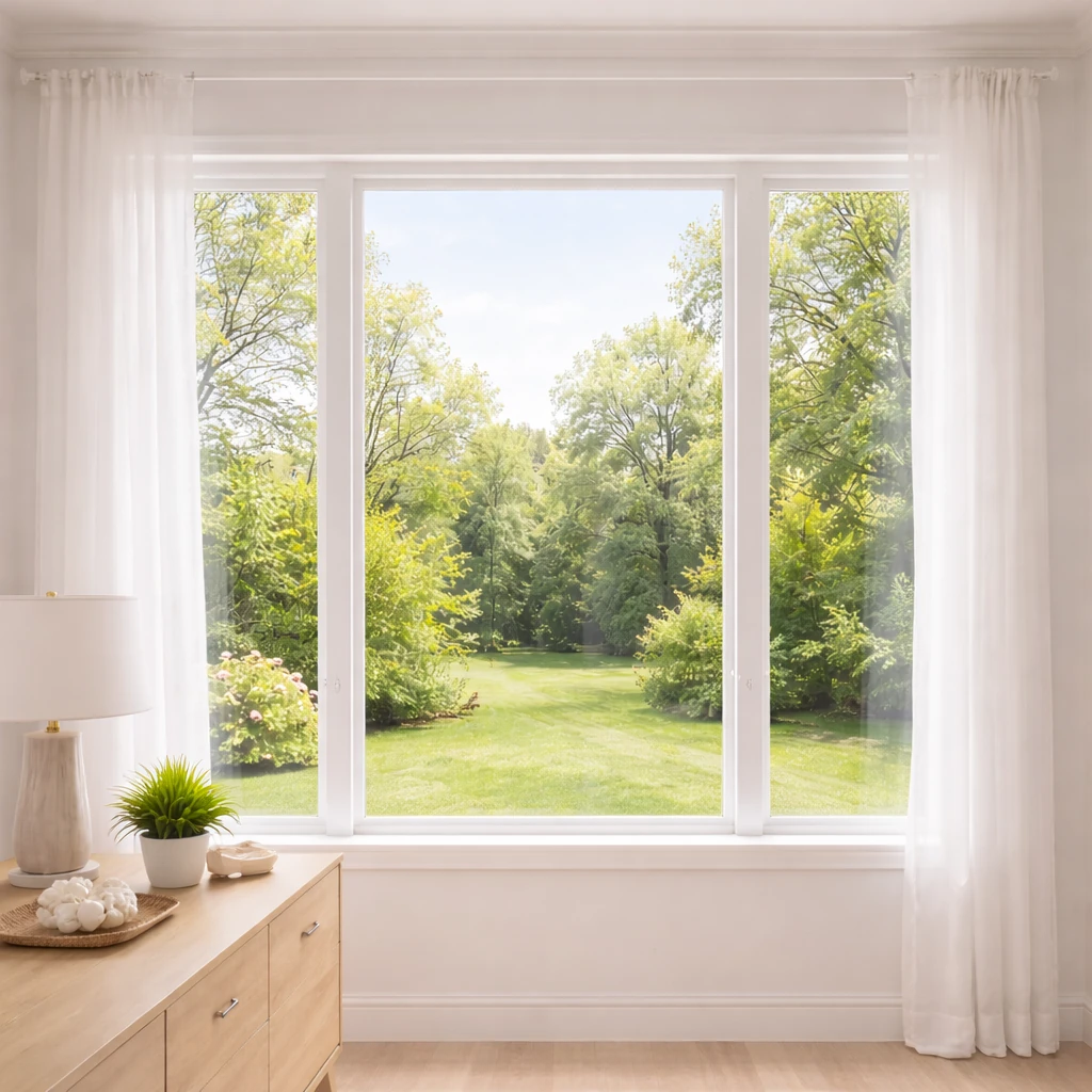 Fenêtre résidentielle parfaitement propre laissant passer la lumière naturelle après un nettoyage professionnel.
