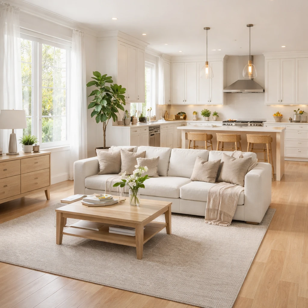 Intérieur de maison moderne propre et rangé après un ménage régulier, avec salon et cuisine lumineux.