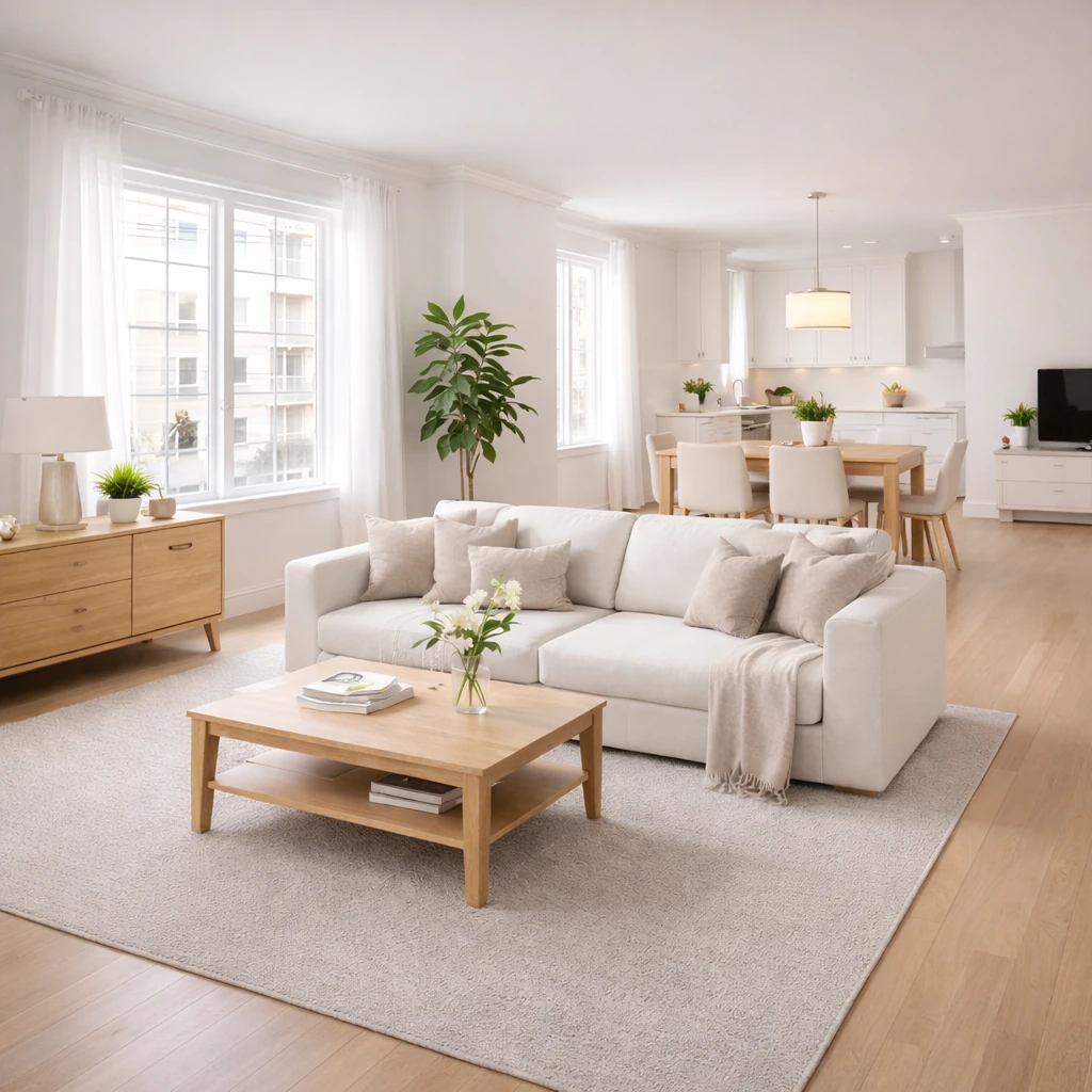 Intérieur d’appartement moderne parfaitement propre et bien entretenu, avec sols et surfaces impeccables.