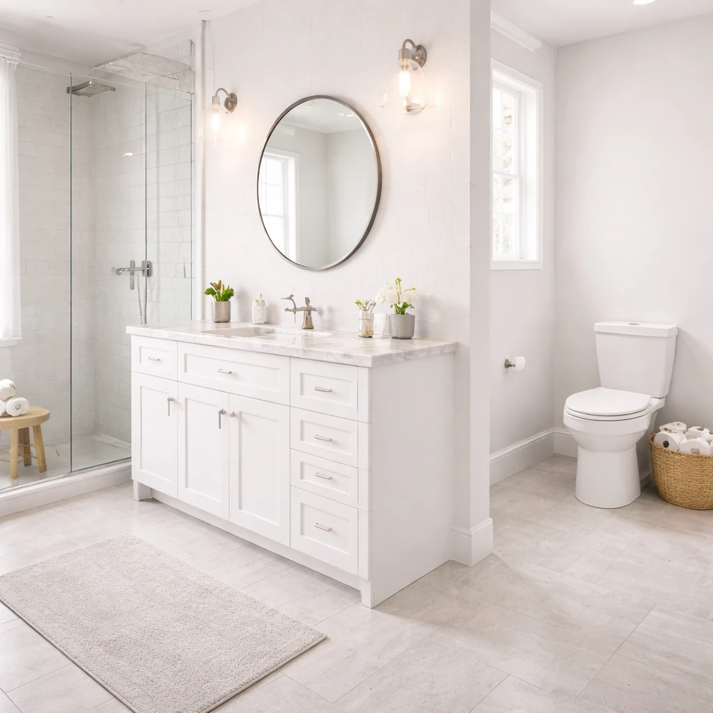 Salle de bain moderne parfaitement propre et hygiénique avec lavabo, douche et toilettes impeccables.