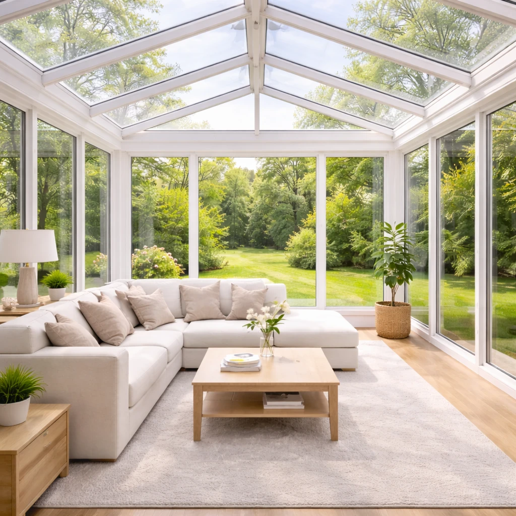 Véranda vitrée avec toit et parois en verre parfaitement propres laissant entrer la lumière naturelle.