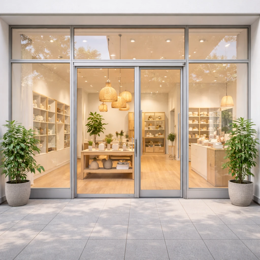 Vitrine de magasin avec vitres propres et transparentes offrant une vue claire sur l’intérieur.