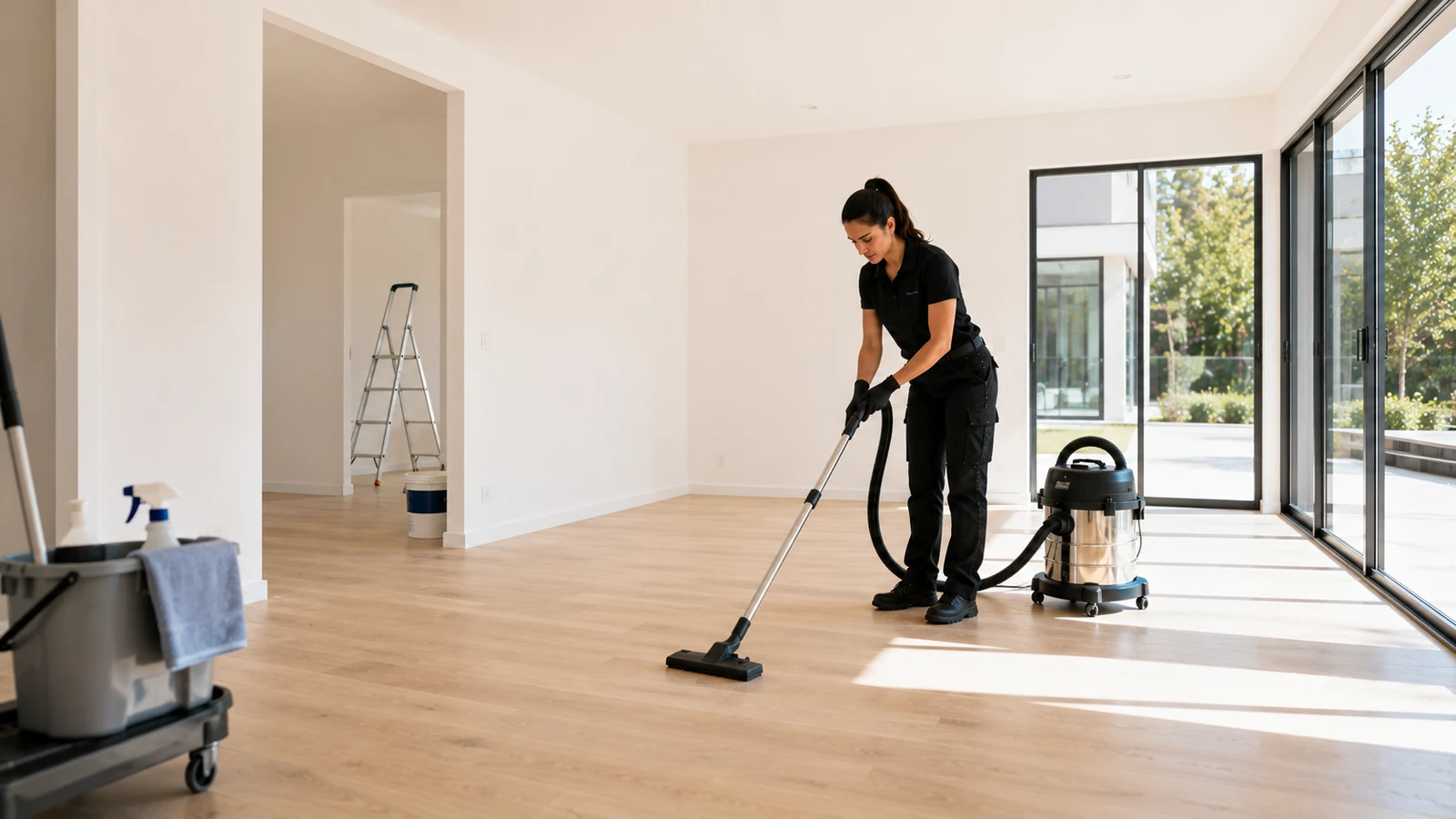 Nettoyage de fin de chantier dans un intérieur rénové
