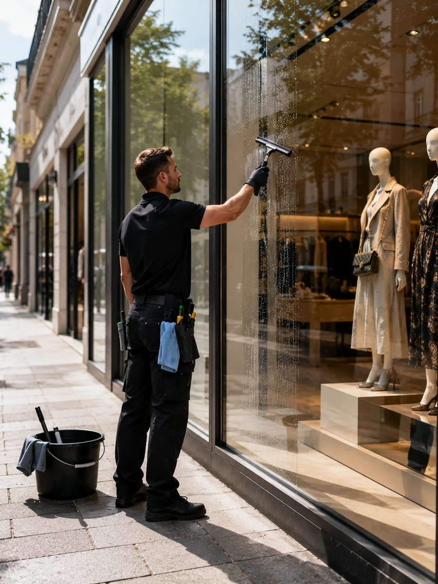 Nettoyage professionnel d’une vitrine de commerce à Sérémange-Erzange
